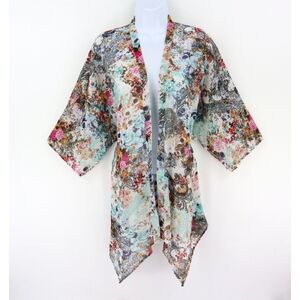 Paradigma Kimono Womens Sz XS Multicolor Floral 100% Polyester Sheer Half Sleeve